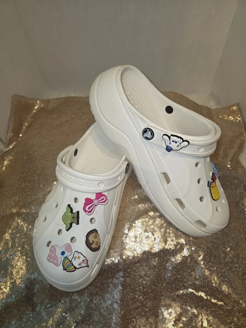 CROCS White Platform Sandals with Colorful Removable Charms